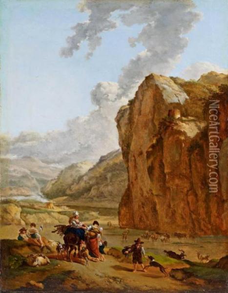 Felsige Flusslandschaft Mit Hirten Und Vieh Oil Painting - Nicolaes Berchem