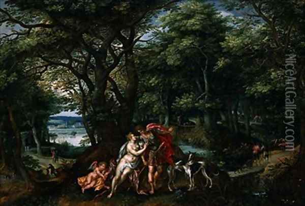 Venus and Adonis in a Wooded Landscape Oil Painting - H. de and Alsloot, D. van Clerck