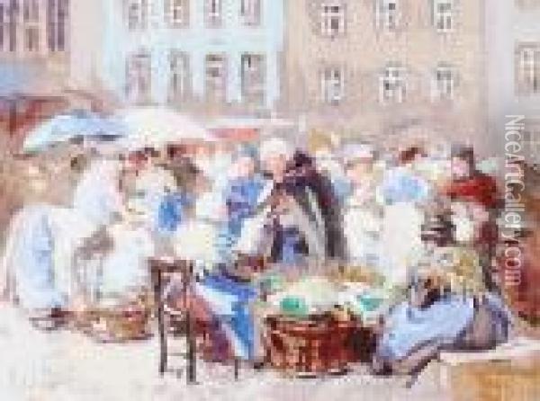 A Busy Market Day Oil Painting - George Charles Haite