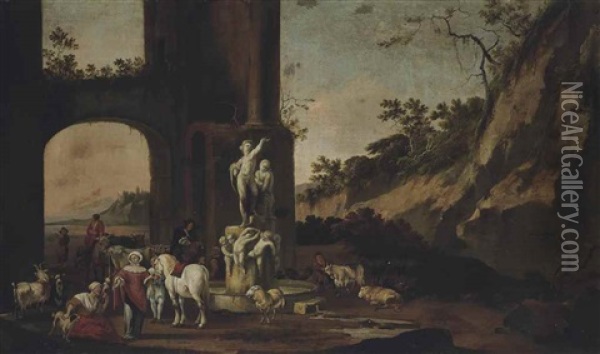 A Rocky Landscape With Figures, Horses, Goats, Bulls And Sheep By A Fountain Oil Painting - Antoon Goubau