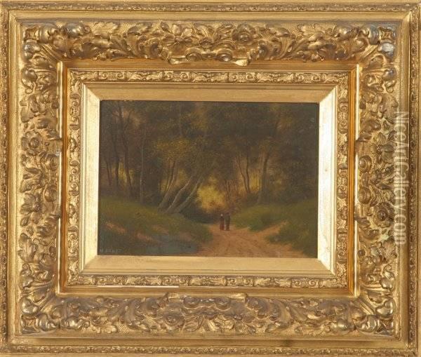 Two Figures On Path To The Forest Oil Painting - M. Donat