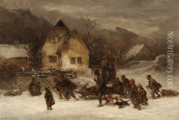 Heimkehr Von Der Winterjagd Oil Painting - Anton Burger