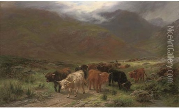 Drover With Highland Cattle Oil Painting - Henry Garland