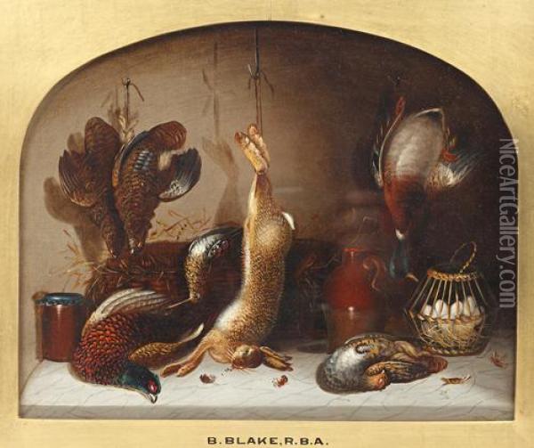 Still Life Of Game And Seafood In A Larder Oil Painting - Benjamin Blake