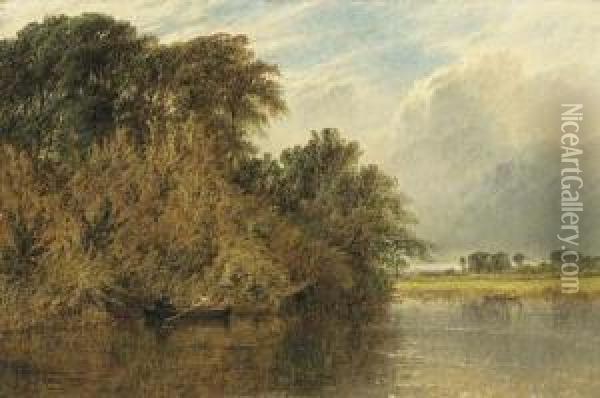 The River Trent, With Men Rowing In Boats Oil Painting - Henry Thomas Dawson