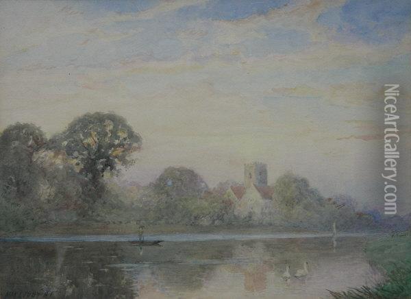 The Church By The River Oil Painting - Max Ludby