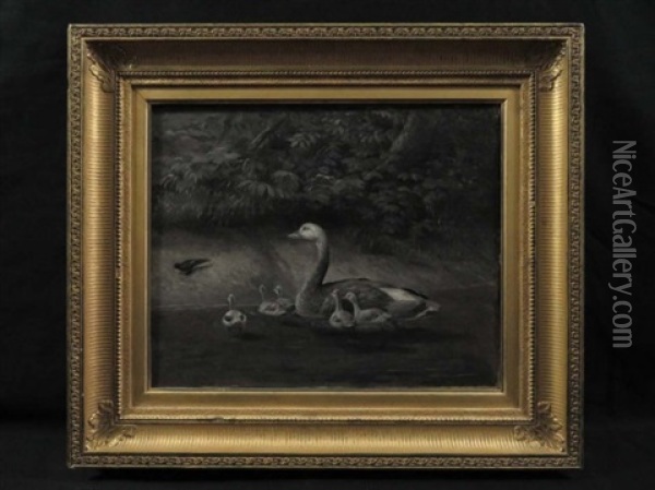 Mother Duck And Ducklings Illustration Oil Painting - William Holbrook Beard