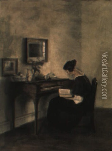 Interior Med Lasande Kvinna Vid Spinett Oil Painting - Carl Vilhelm Holsoe