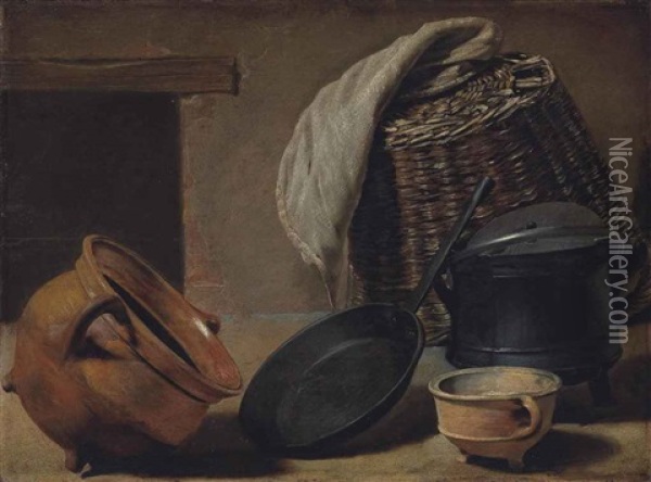 An Earthenware Pot, A Cast Iron Frying Pan And A Cooking Pot, With A Basket And Cloth, Set Before A Hearth Oil Painting - Govert Camphuysen