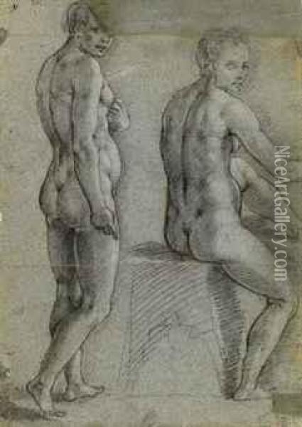 Two Nude Women, One Standing, Looking Over Her Shoulder, The Otherseated Oil Painting - Alessandro Casolani
