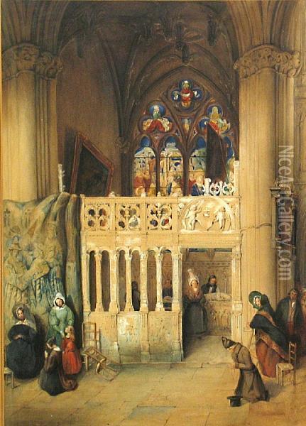 A Courtyard; A Church Interior Oil Painting - Samuel Prout