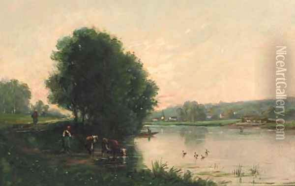 A Summer river landscape with cattle at a riverbank Oil Painting - Barbizon School