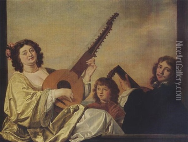 En Elegant Couple Playing A Theorbo-lute And A Lute Together With A Boy Singing Oil Painting - Isaac Mytens