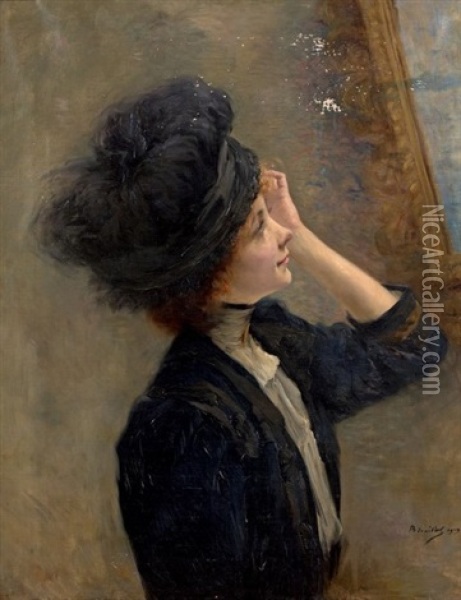 Femme De Profil A Son Miroir Oil Painting - Pierre-Andre Brouillet