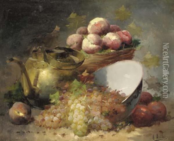 Still Life With Grapes, Peaches And A Brass Kettle Oil Painting - Antoine Vollon