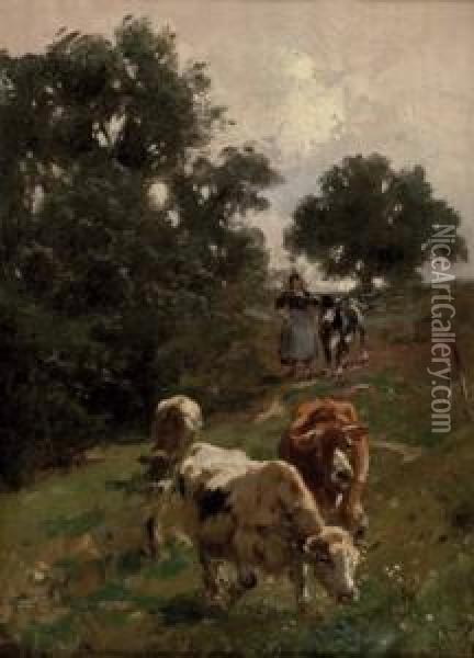 Hirtin Mit Kuhen Auf Der Weide Oil Painting - Wilhelm Frey