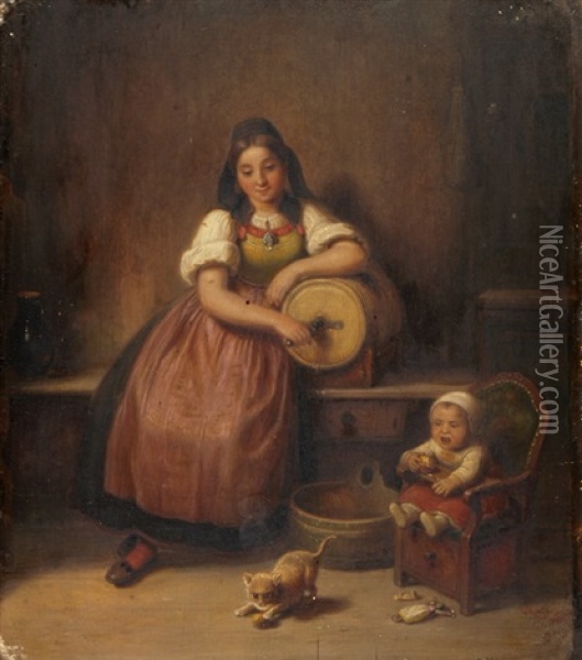 Junge Mutter Mit Kleinkind Und Spielender Katze Oil Painting - Kaspar Kaltenmoser