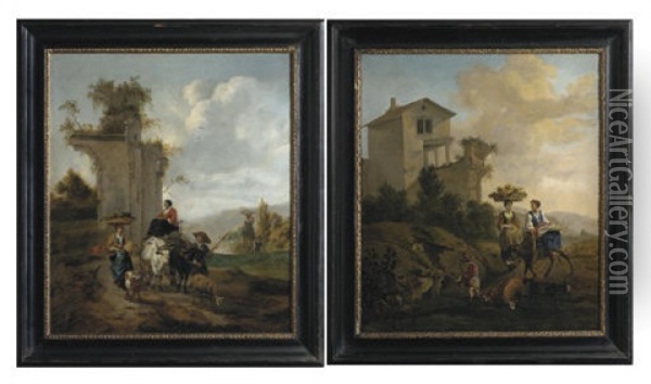 An Italianate Landscape With Village Women Travelling To Market (+ An Italianate Landscape With Villagers And An Ox-cart; Pair) Oil Painting - Hendrick Mommers