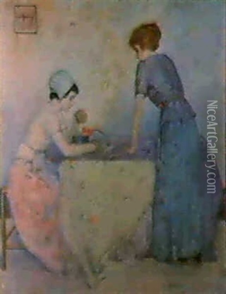 Two Women At Table Oil Painting - Myron Barlow
