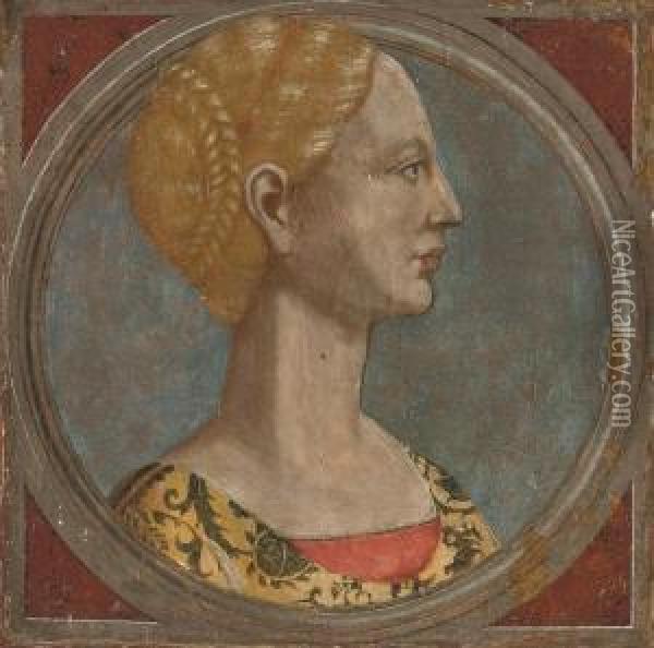 Head Of A Lady, In A Feigned Oval Oil Painting - Piero Pollaiuolo
