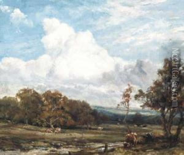 Cattle Grazing In A Landscape In Wharfdale, Yorkshire Oil Painting - Cecil Gordon Lawson