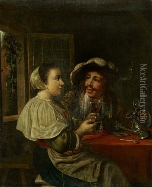 Paar Vor Geoffnetem Fenster Beim Wein Trinken Oil Painting - Carel de Moor