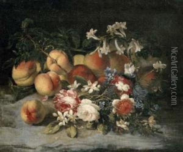 Blossom And Peaches With Other Flowers In A Landscape Oil Painting - Francesca Vicenzina