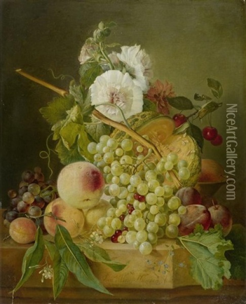 Stillleben Mit Fruchten Und Blumen Auf Eine Steinplinthe Oil Painting - Gerrit Johan Van Leeuwen