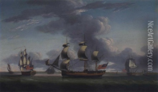 A Merchantman In Three Positions Of The East Anglican Town Of Harwich Oil Painting - Robert Dodd