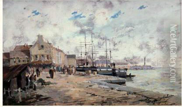  Scene De Port En Normandie  Oil Painting - Eugene Galien-Laloue
