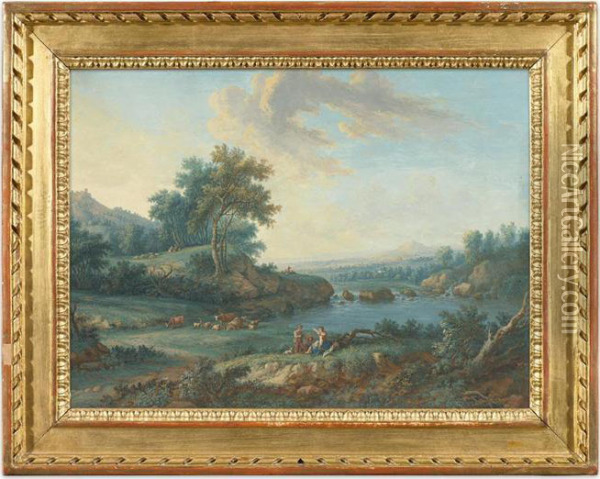 River Landscapes With Figures In The Foreground. Oil Painting - Jakob Burgi