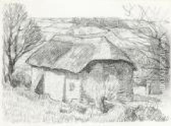 The Barn In The Fields, C.1918, Black Chalk Oil Painting - Robert Polhill Bevan