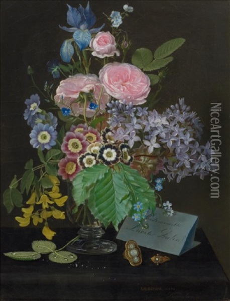 Bouquet Of Flowers With Dedication To The Ballet Dancer Lucile Grahn (1819-1907) Oil Painting - Otto Didrik Ottesen
