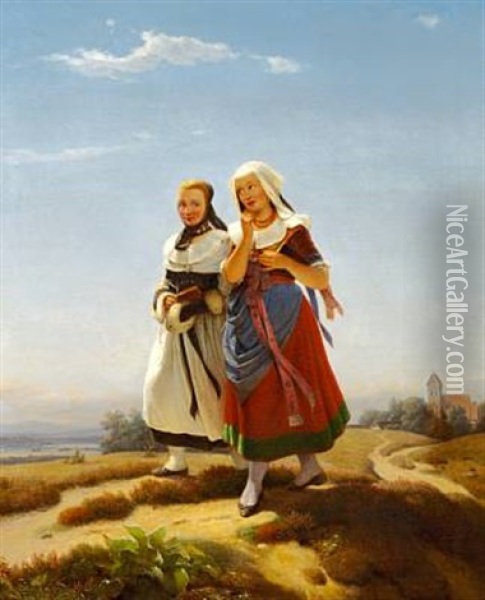 Die Kirchengangerinnen Oil Painting - Julius Carl Hermann Schroder