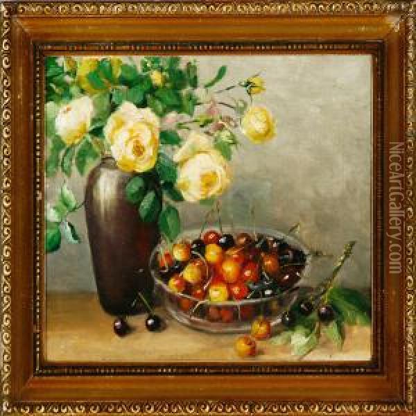 Still Life With Roses And Cherries On A Table Oil Painting - Emmy Marie Caroline Thornam