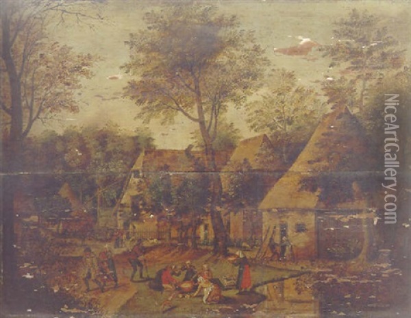 A Wooded Landscape With Peasants In A Village Oil Painting - Pieter Brueghel the Younger