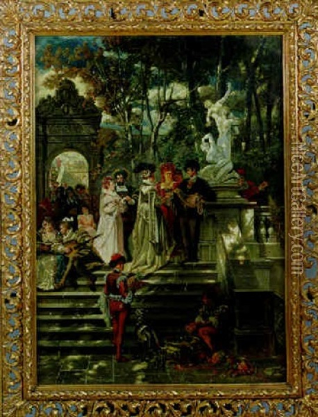 An Italian Renaissance Garden Party Oil Painting - Karl Emil Doepler the Elder