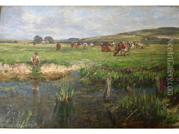 Fishing By The River In A Summer Meadow Oil Painting - James Charles