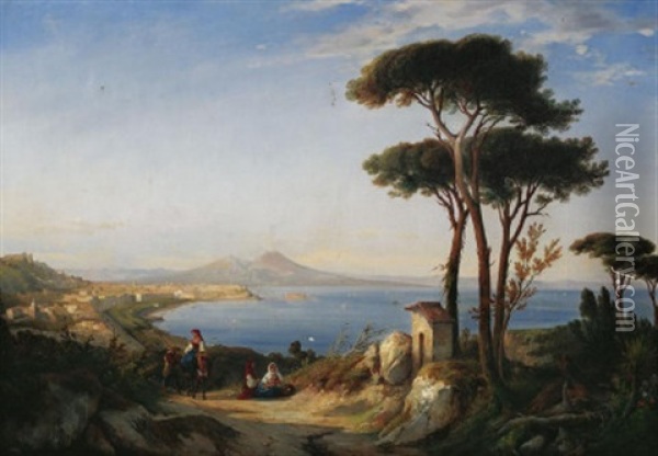 Blick Auf Die Bucht Von Neapel Mit Dem Vesuv. Vorn Eine Familie Auf Dem Weg Oil Painting - Consalvo Carelli