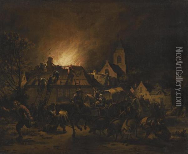 A Night Scene With A Fire In A Village Oil Painting - Egbert van der Poel