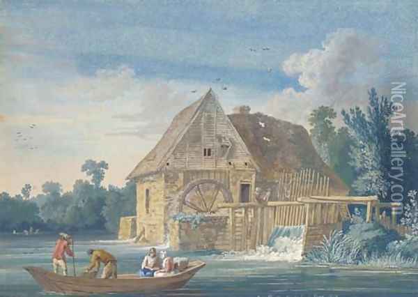 The water mill at Ivry with fishermen on a boat in the foreground Oil Painting - Jakob Philippe Hackert