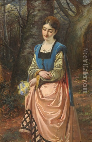 Girl Holding A Posy Of Spring Flowers In Woodland Glade Oil Painting - Edward Charles Barnes