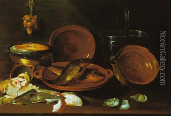 Stilleben Mit Fischen, Austern, Zwiebeln Und Kuchengeschirr Oil Painting - Jacob Fopsen van Es