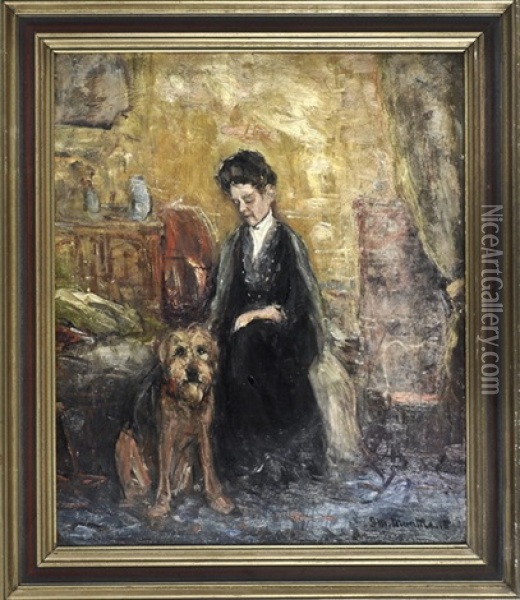 Dame Mit Hund In Stimmungsvollem Interieur Oil Painting - Gerhard Peter Franz Vilhelm Munthe