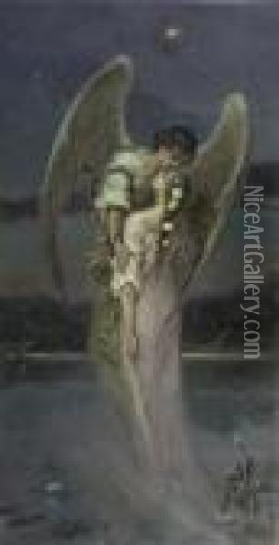 Girl With Angel. Oil Painting - Vasili Aleksandrovich Kotarbinskii