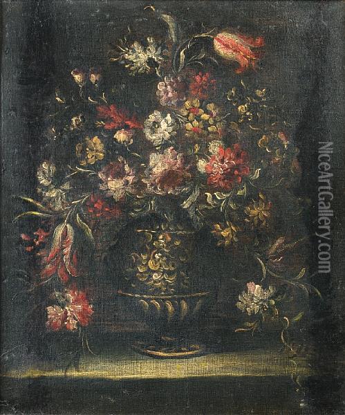 Roses, Tulips, Narcissi And Other Flowers Inan Urn On A Stone Ledge Oil Painting - Elisabetta Marchioni Active Rovigo