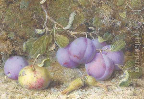 Plums, an apple and hazelnuts on a mossy bank Oil Painting - William B. Hough