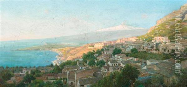 Blick Von Taormina Auf Aera. Oil Painting - Adolf Bohm