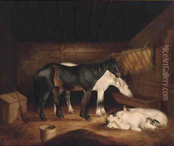 Horses and pigs in a stable Oil Painting - George Morland