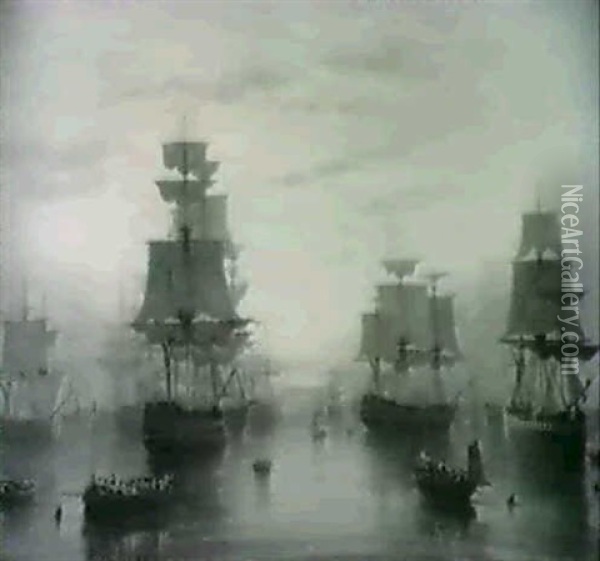 A British Military Flotilla, Sunset Oil Painting - Robert Salmon